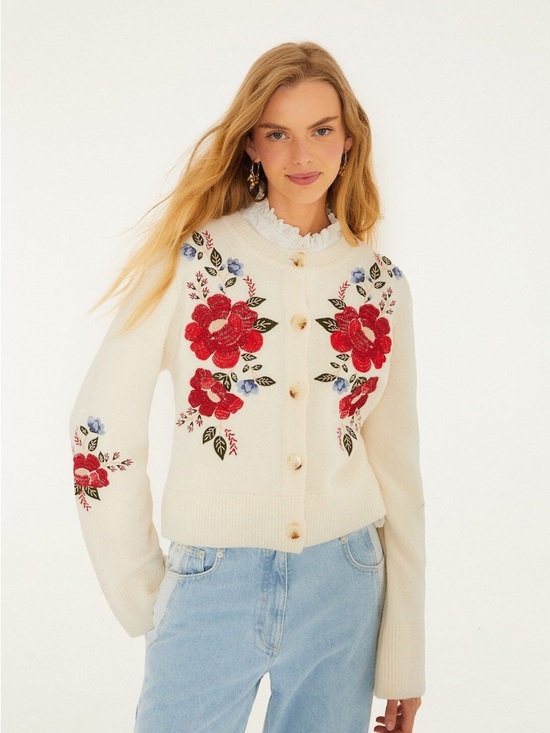 FARM Rio Sweaters - Farm Rio: Cream Embroidered Flowers
Buttoned Knit Cardigan